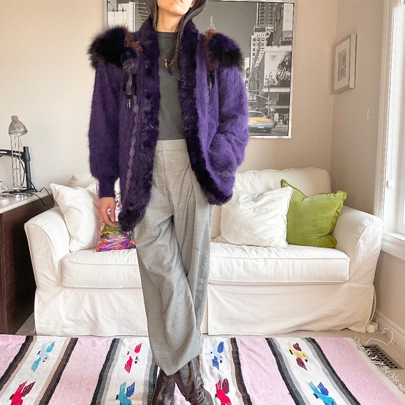 Purple knit angora jacket with fur trim - Picture 2 of 15